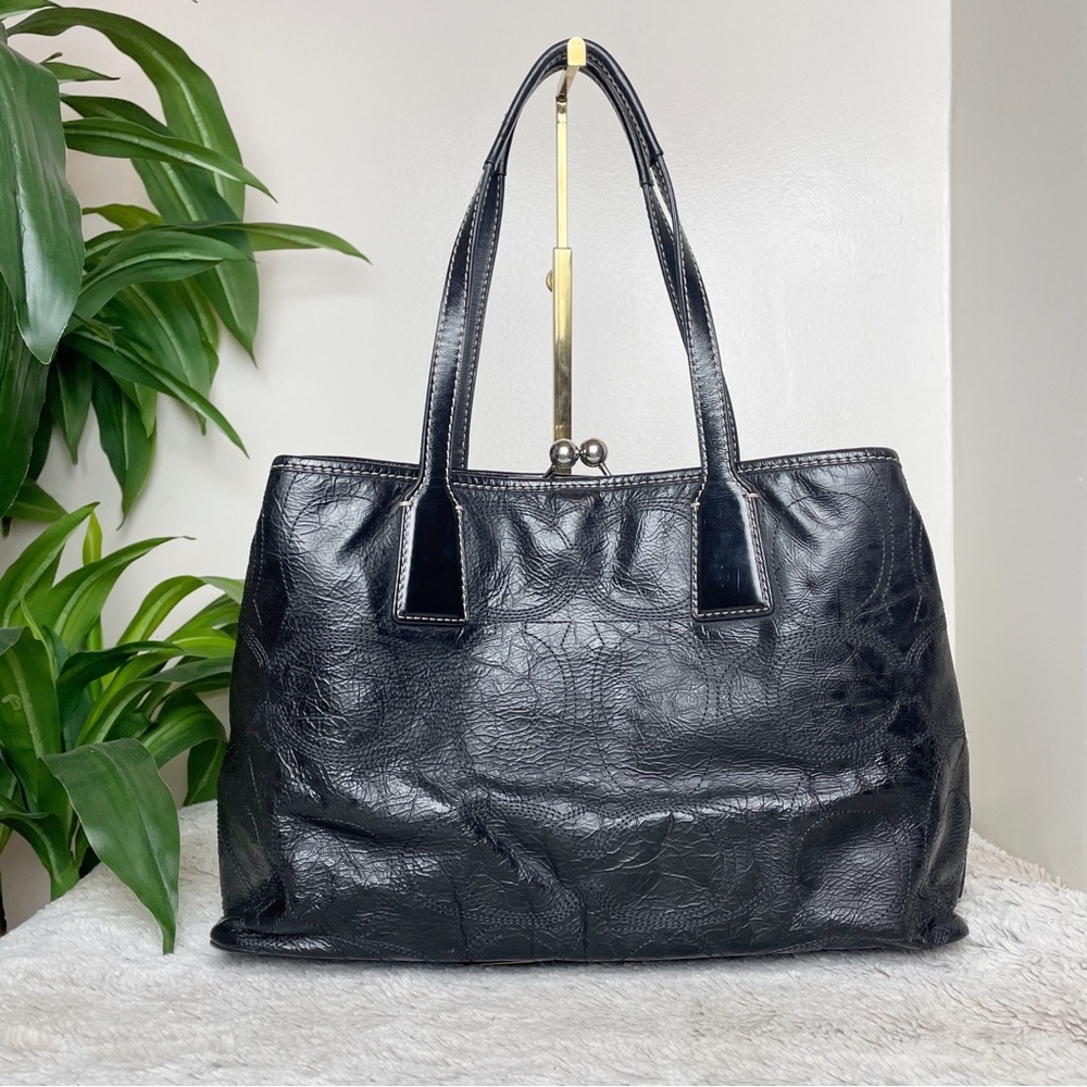 Coach Signature Stitch Leather Framed Kisslock Carryall Black Handbag F15658 - Picture 2 of 14